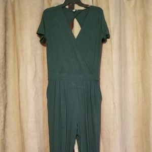 Open back knit dark green jumpsuit with pockets